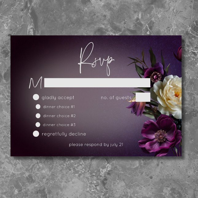 Mörk Moody Lila Lavender Blommigt Modern Bröllop OSA Kort (Dark Moody Purple & Lavender Floral Modern Wedding RSVP Card)