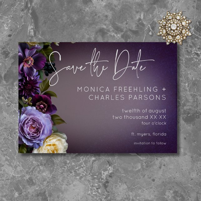 Mörk Moody Lila Lavender Blommigt Modern Bröllop Spara Datumet (Dark Moody Purple & Lavender Floral Modern Wedding Save The Date)