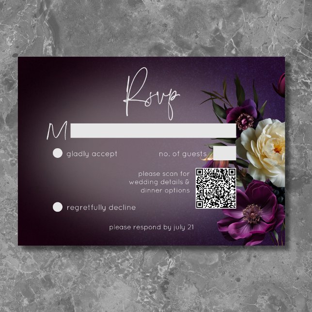 Mörk Moody Lila Lavender Blommigt Modern QR-kod OSA Kort (Dark Moody Purple & Lavender Floral Modern QR Code RSVP Card)