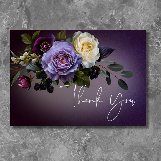 Mörk Moody Lila Lavender Blommigt Modern Tack Kort (Dark Moody Purple & Lavender Floral Modern Thank You Card)