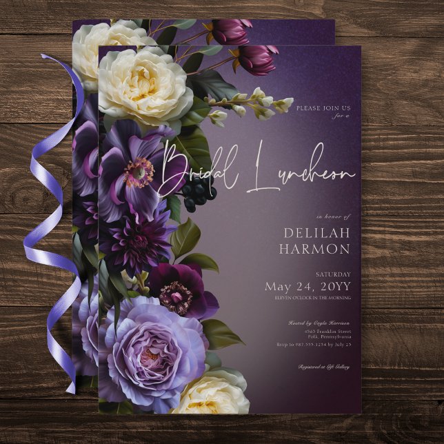 Mörk Moody Lila & Lavender Blommigt Möhippa Lunch Inbjudningar (Dark Moody Purple & Lavender Floral Bridal Lunch Invitation)