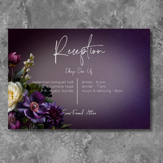 Mörk Moody Lila och Blommigt för Lavender Modern Tilläggskort (Dark Moody Purple & Lavender Floral Modern Reception Enclosure Card)
