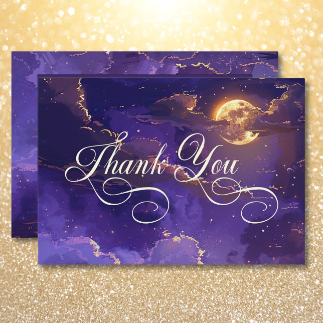 Mörk Moody Lila och Guld månbelysta moln Bröllop Tack Kort (Dark Moody Purple & Gold Moonlit Clouds Wedding Thank You Card)