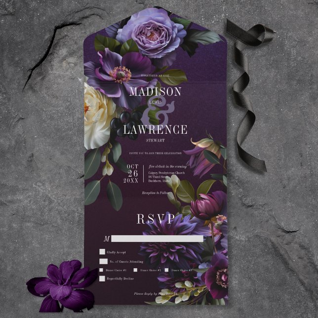 Mörk Moody Lila och vit Blommigt - middag (Dark Moody Purple & White Floral All In One Wedding Invitation with Dinner Options)