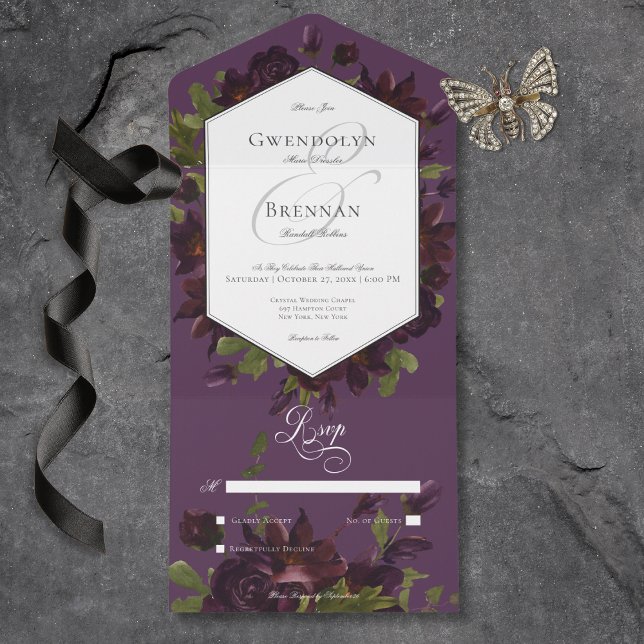 Mörk Moody Lila Vattenfärgens Blommigt Ingen midda (Dark Moody Purple Watercolor Floral No Dinner All In One Invitation)