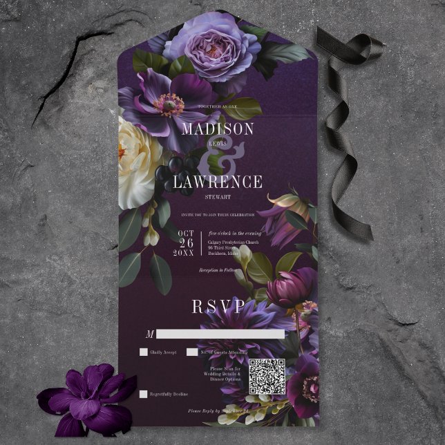Mörk Moody Lila & vit Blommigt QR-kod (Dark Moody Purple & White Floral All In One Wedding Invitation with QR Code)