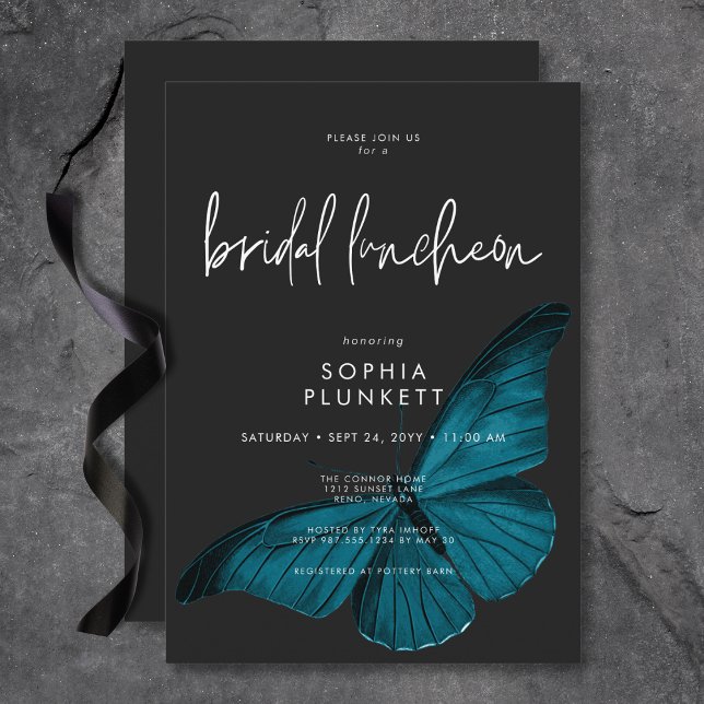 Mörk Moody Luncheon-Möhippan för minimalt skaldjur Inbjudningar (Dark Moody Minimal Teal Moth Bridal Luncheon Invitation)