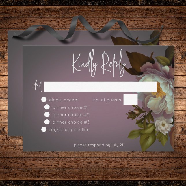 Mörk Moody Mauve Blommigt Modern Bröllop Middag OSA Kort (Dark Moody Mauve Floral Modern Wedding Dinner RSVP Card)