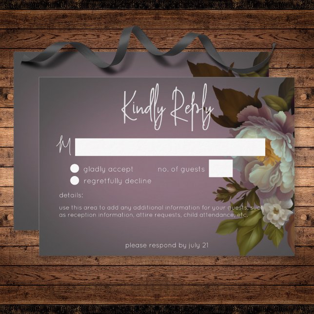 Mörk Moody Mauve Blommigt Modern Bröllop No Middag OSA Kort (Dark Moody Mauve Floral Modern Wedding No Dinner RSVP Card)
