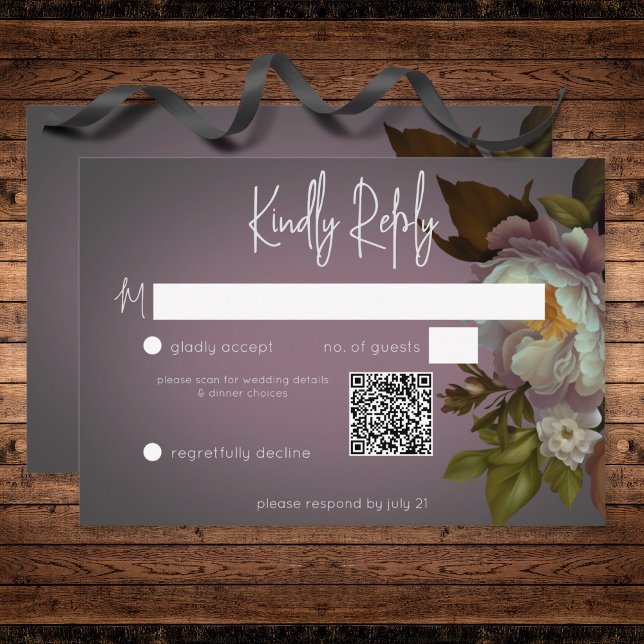 Mörk Moody Mauve Blommigt Modern Bröllop QR-kod OSA Kort (Dark Moody Mauve Floral Modern Wedding QR Code RSVP Card)