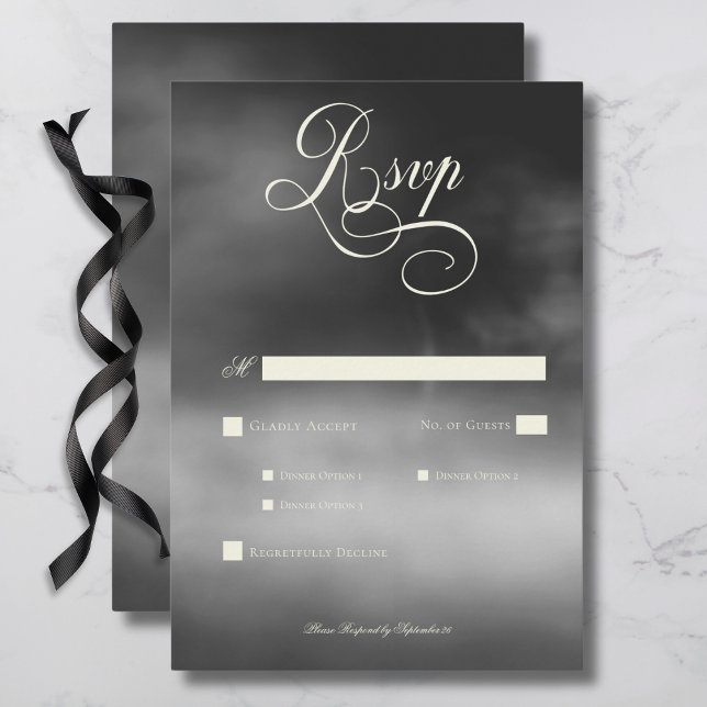 Mörk Moody Midnight Black Fog Bröllop Middag OSA Kort (Dark Moody Midnight Black Fog Wedding Dinner RSVP Card)