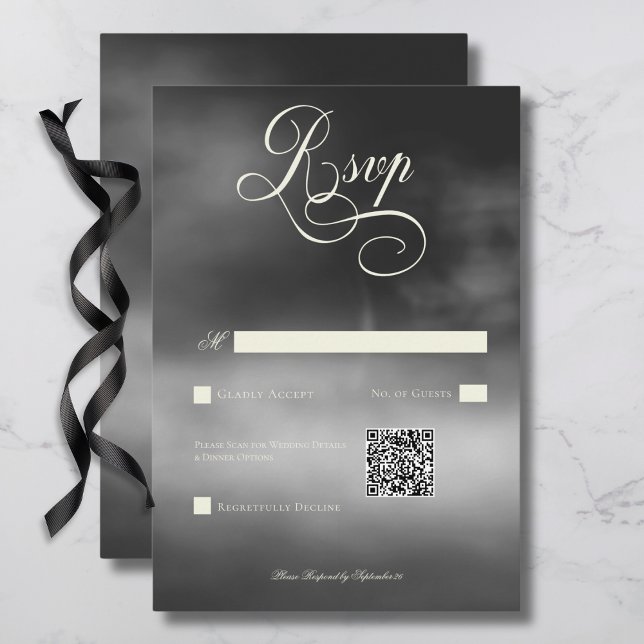 Mörk Moody Midnight Black Fog Bröllop QR-kod OSA Kort (Dark Moody Midnight Black Fog Wedding QR Code RSVP Card)