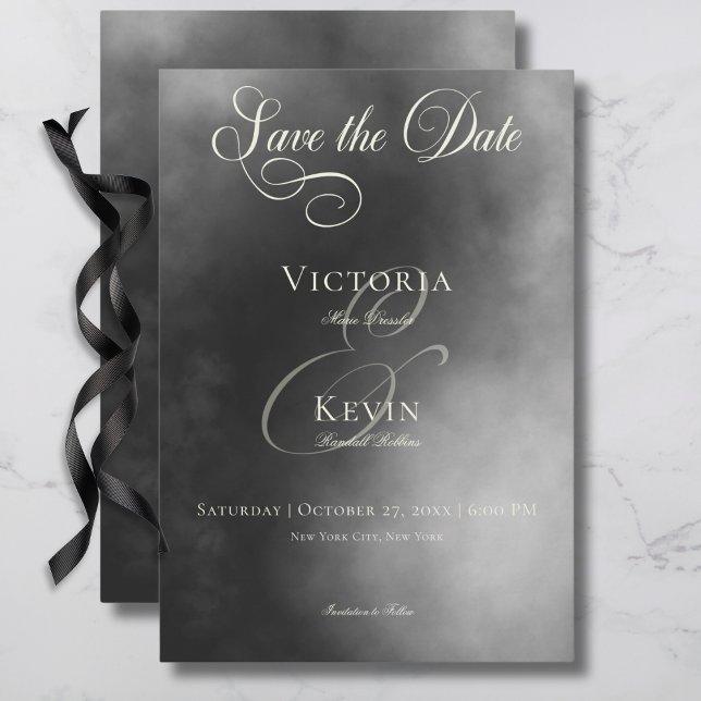 Mörk Moody Midnight Black Fog Bröllop Spara Datumet (Dark Moody Midnight Black Fog Wedding Save The Date Card)