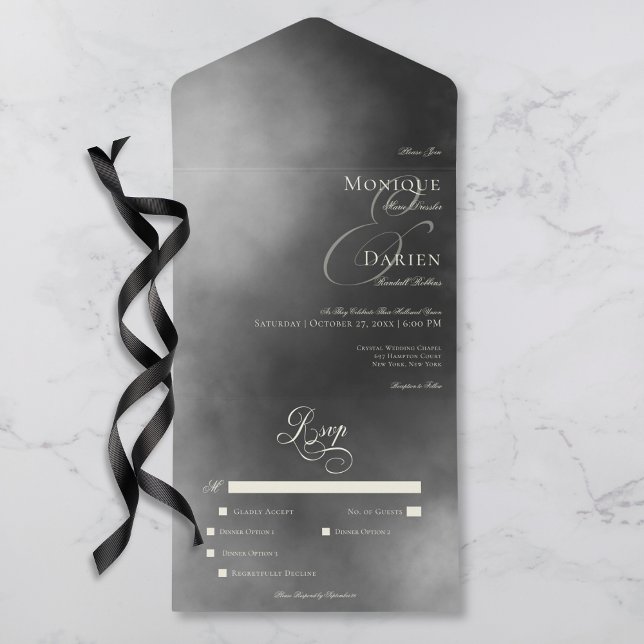 Mörk Moody Midnight Black Fog Middag Bröllop (Dark Moody Midnight Black Fog Dinner Wedding All In One Invitation)