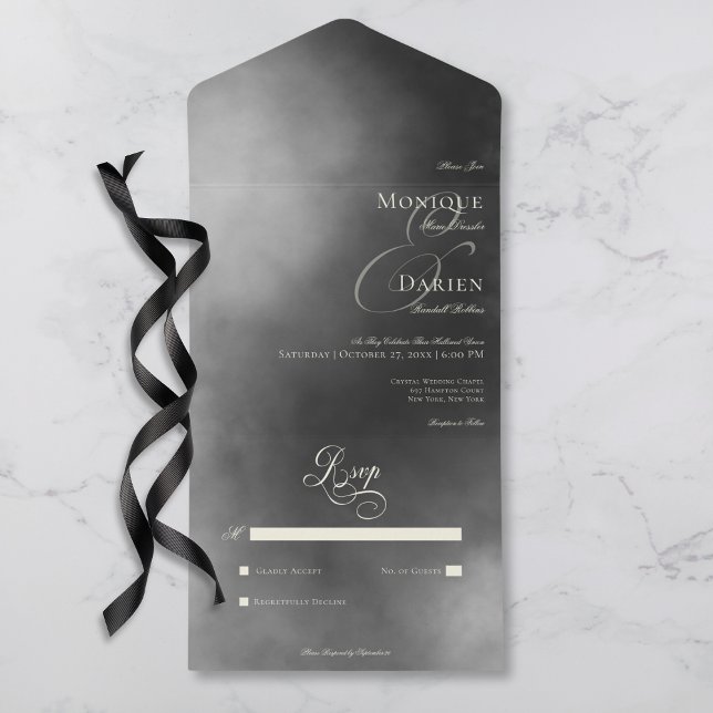 Mörk Moody Midnight Black Fog No Midinner Bröllop (Dark Moody Midnight Black Fog No Dinner Wedding All In One Invitation)