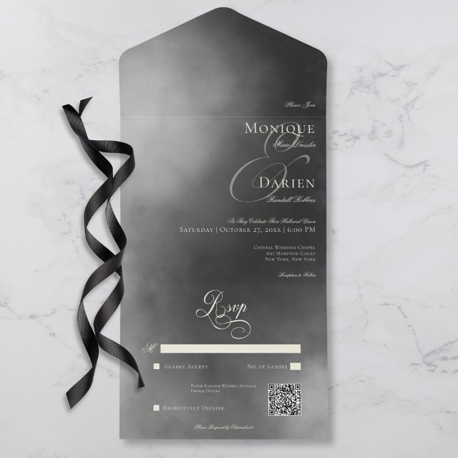 Mörk Moody Midnight Black Fog QR-kod Bröllop (Dark Moody Midnight Black Fog QR Code Wedding All In One Invitation)