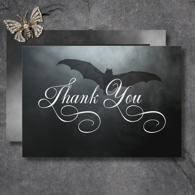 Mörk Moody Midnight Fladdermus & Fog Bröllop Tack Kort (Dark Moody Midnight Bat & Fog Wedding Thank You Card)