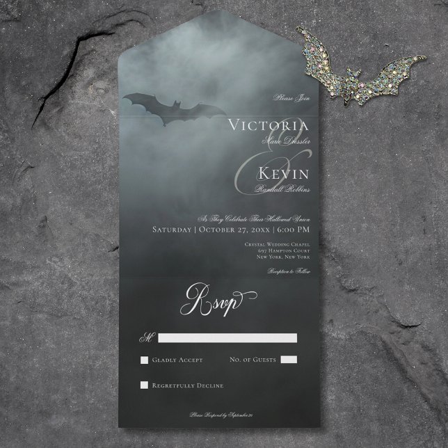 Mörk Moody Midnight Fladdermus & Fog No Midinner B (Dark Moody Midnight Bat & Fog No Dinner Wedding All In One Invitation)
