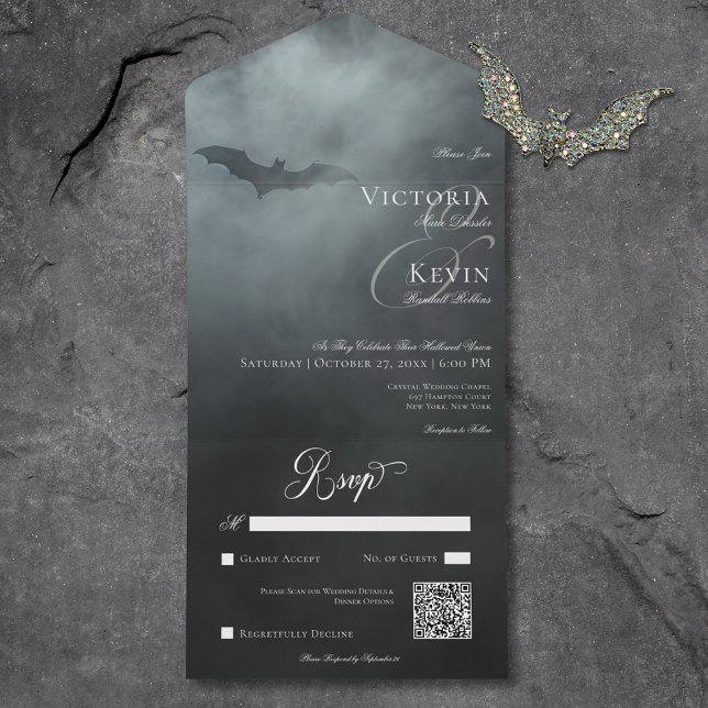 Mörk Moody Midnight Fladdermus & Fog QR-kod Bröllo (Dark Moody Midnight Bat & Fog QR Code Wedding All In One Invitation)