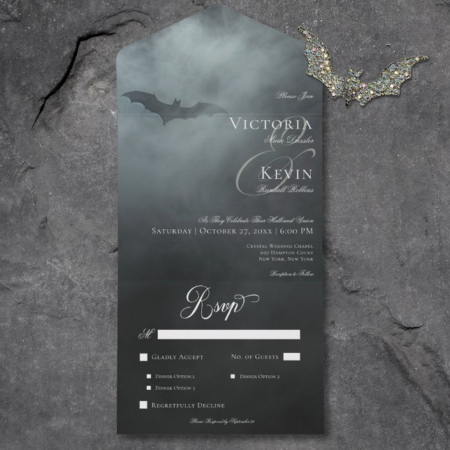 Mörk Moody Midnight Fladdermus och Fog Middag Bröl (Dark Moody Midnight Bat & Fog Dinner Wedding All In One Invitation)