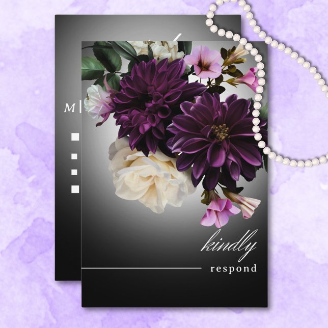 Mörk Moody Midnight Lila Blommigt Romantik Middag OSA Kort (Dark Moody Midnight Purple Floral Romance Dinner RSVP Card)