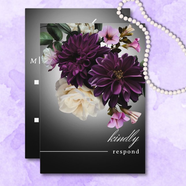 Mörk Moody Midnight Lila Blommigt Romantik QR-kod OSA Kort (Dark Moody Midnight Purple Floral Romance QR Code RSVP Card)
