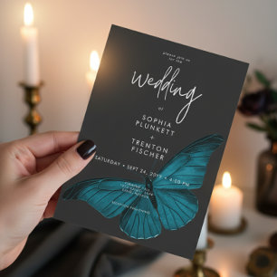 Mörk Moody minimal teal Moth Bröllop Inbjudningar