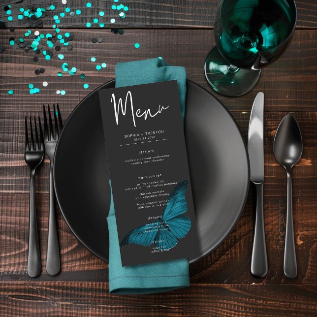 Mörk Moody minimal teal Moth Bröllop Meny (Skapare uppladdad)