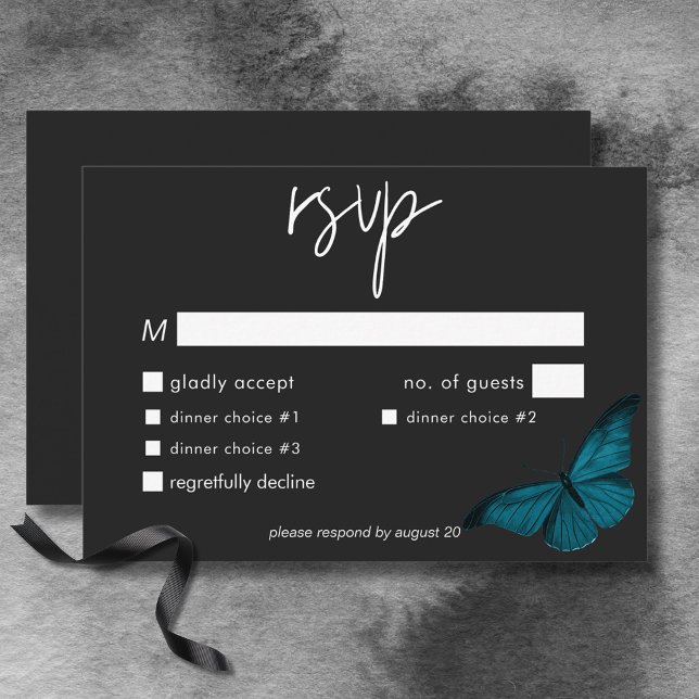 Mörk Moody minimal teal Moth Bröllop Middag OSA Kort (Dark Moody Minimal Teal Moth Wedding Dinner RSVP Card)