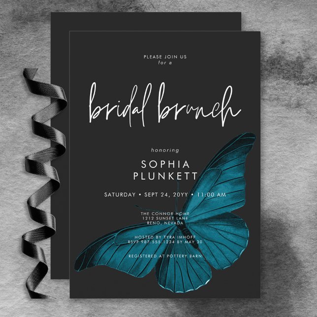 Mörk Moody minimal Teal Moth Möhippa Brunch Inbjudningar (Dark Moody Minimal Teal Moth Bridal Brunch Invitation)