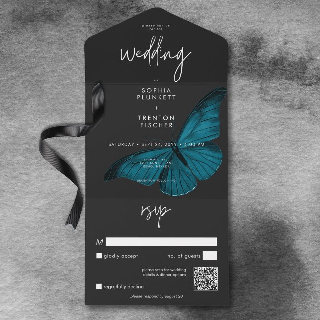 Mörk Moody minimal teal Moth QR-kod Bröllop (Dark Moody Minimal Teal Moth QR Code Wedding All In One Invitation)