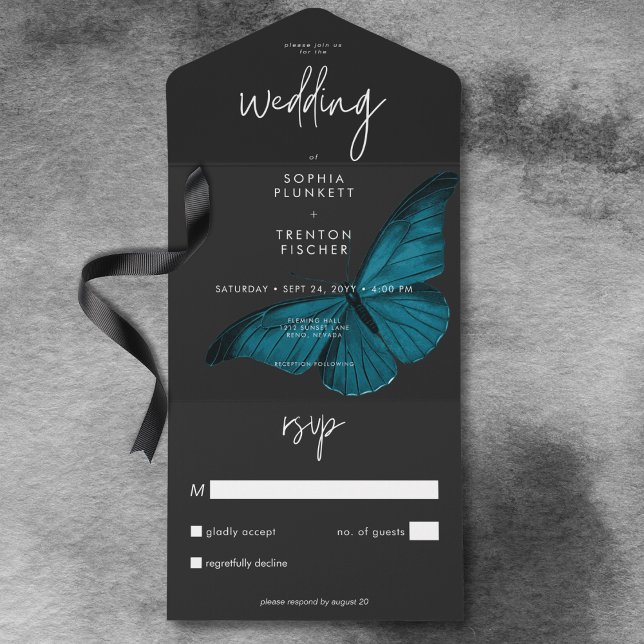 Mörk Moody minimalt skalstall utan innermage Bröll (Dark Moody Minimal Teal Moth No Dinner Wedding All In One Invitation)