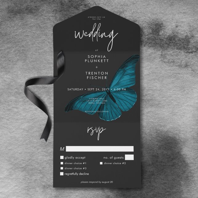 Mörk Moody minimalt veckoslut Bröllop (Dark Moody Minimal Teal Moth Dinner Wedding All In One Invitation)