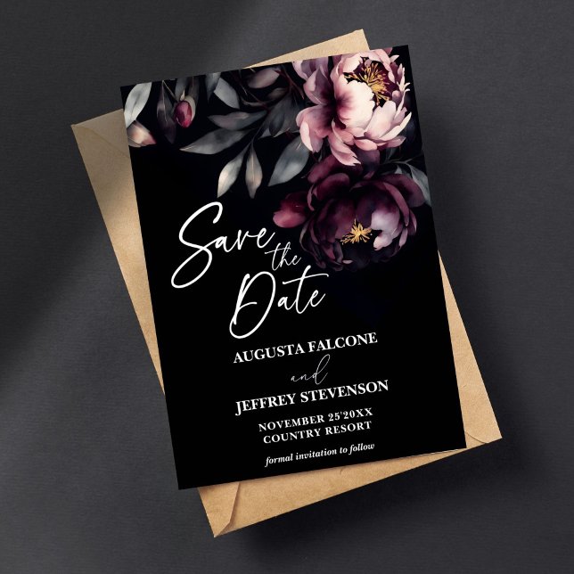 Mörk moody näsborrtorv av elegant spara datumet (Dark moody noir elegant burgundy peonies save the date card editable template digital download)
