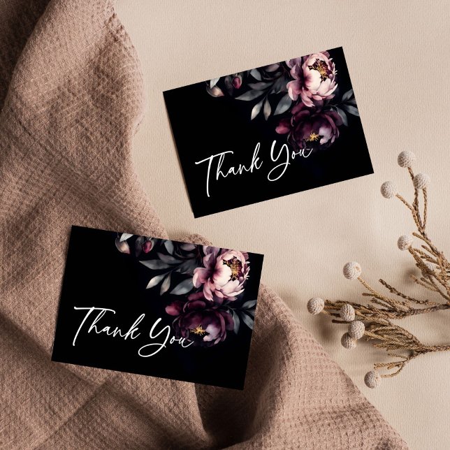 Mörk moody näsborrtorv av elegant tack kort (Dark moody noir elegant burgundy peonies wedding thank you card bridal shower thank you birthday)