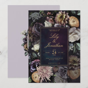 Mörk Moody Nattens Lila Lavender Blommigt Bröllop Inbjudningar