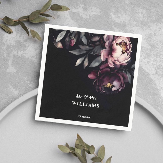 Mörk moody noir elegant burgundy peonies template pappersservett (Dark moody noir elegant burgundy peonies template napkins personalized wedding tableware)