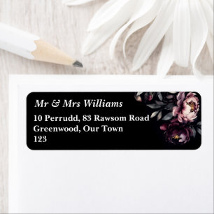 Mörk moody noir elegant burgundy peonies template returadress etikett