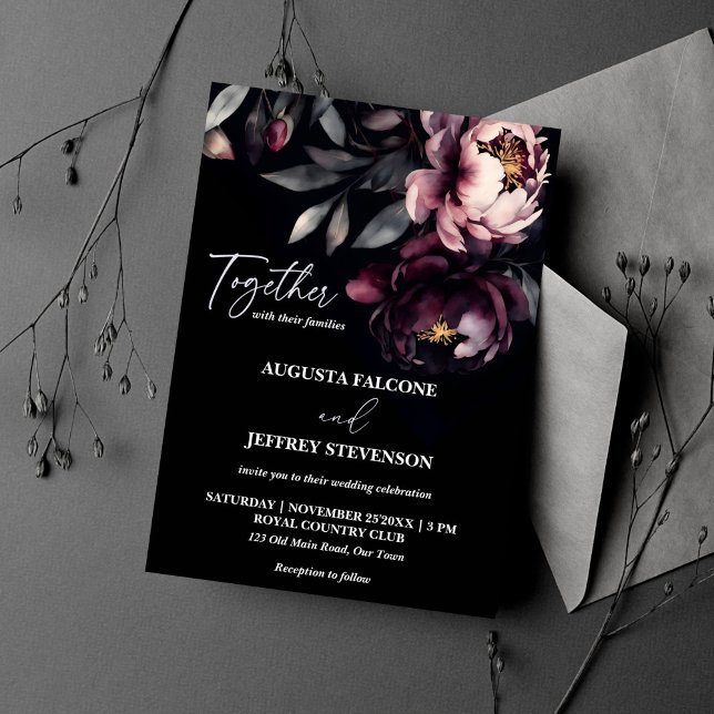 Mörk moody noir-elegant i bröllop inbjudningar (Dark moody noir elegant all in one wedding template invitation digital download burgundy peonies)