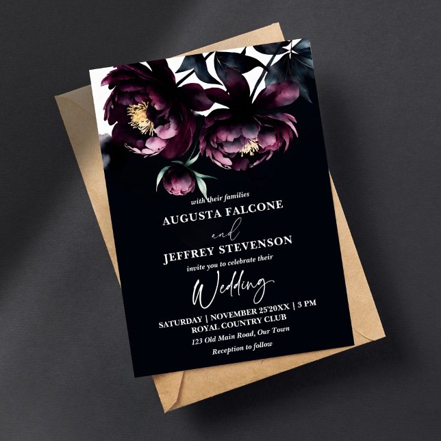 Mörk moody noir-elegant i bröllop inbjudningar (Dark moody noir peonies elegant all in one wedding editable template invitation digital download )