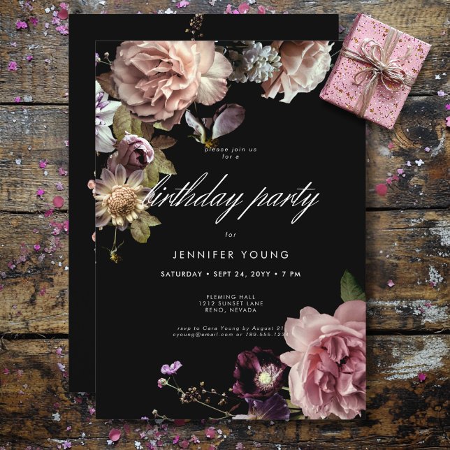 Mörk Moody Pastel Opulent Blommigt Black Birthday Inbjudningar (Dark Moody Pastel Opulent Floral Black Birthday Invitation)