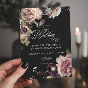 Mörk Moody Pastel Opulent Blommigt Black Bröllop Inbjudningar