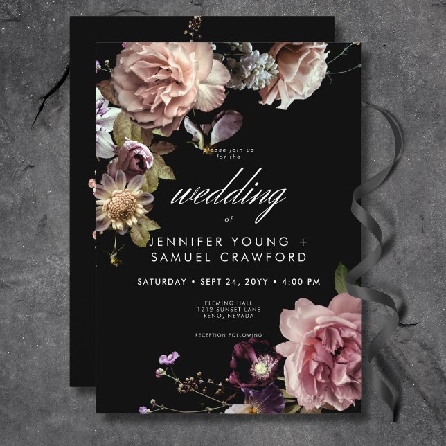 Mörk Moody Pastel Opulent Blommigt Black Bröllop Inbjudningar (Dark Moody Pastel Opulent Floral Black Wedding Invitation)