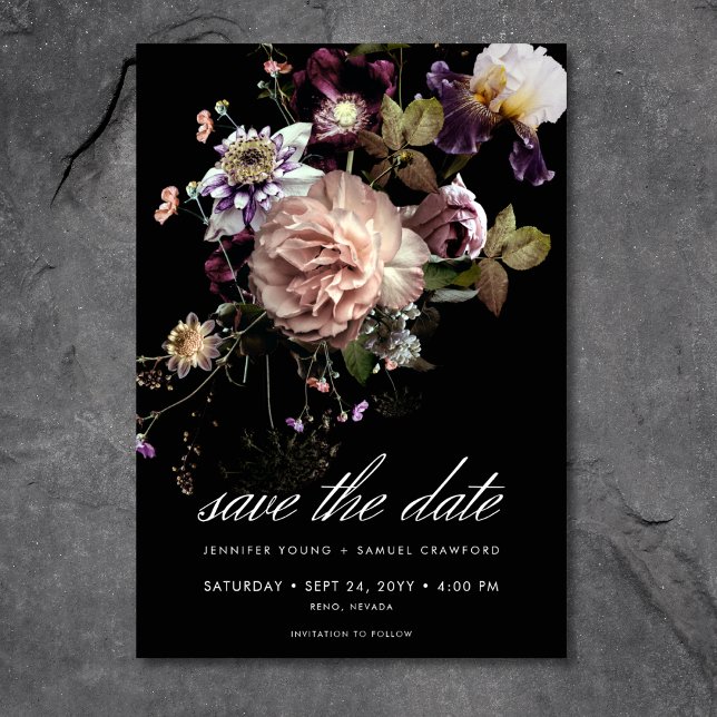 Mörk Moody Pastel Opulent Blommigt Black Bröllop Spara Datumet (Dark Moody Pastel Opulent Floral Black Wedding Save the Date Card)