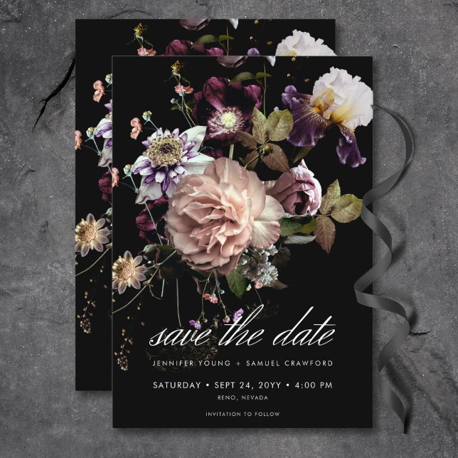 Mörk Moody Pastel Opulent Blommigt Black Bröllop Spara Datumet (Dark Moody Pastel Opulent Floral Black Wedding Save The Date)