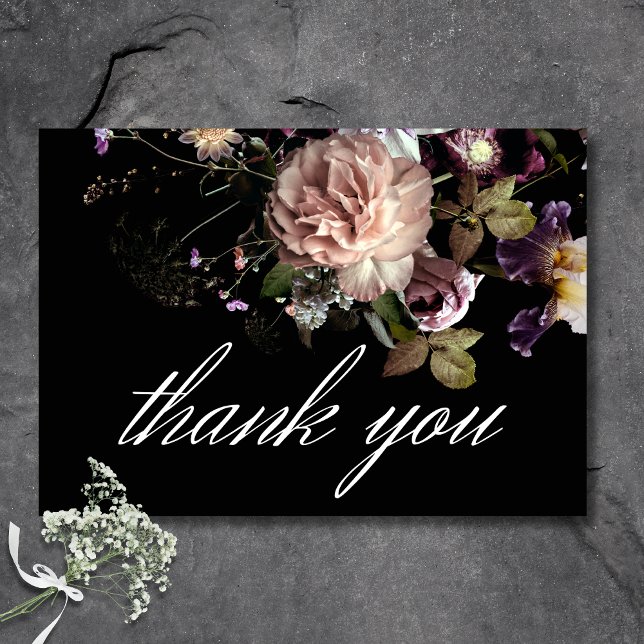 Mörk Moody Pastel Opulent Blommigt Black Bröllop Tack Kort (Dark Moody Pastel Opulent Floral Black Wedding Thank You Card)