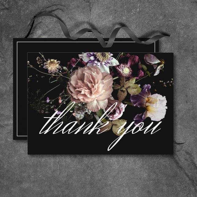 Mörk Moody Pastel Opulent Blommigt Black Bröllop Tack Kort (Dark Moody Pastel Opulent Floral Black Wedding Thank You Card)