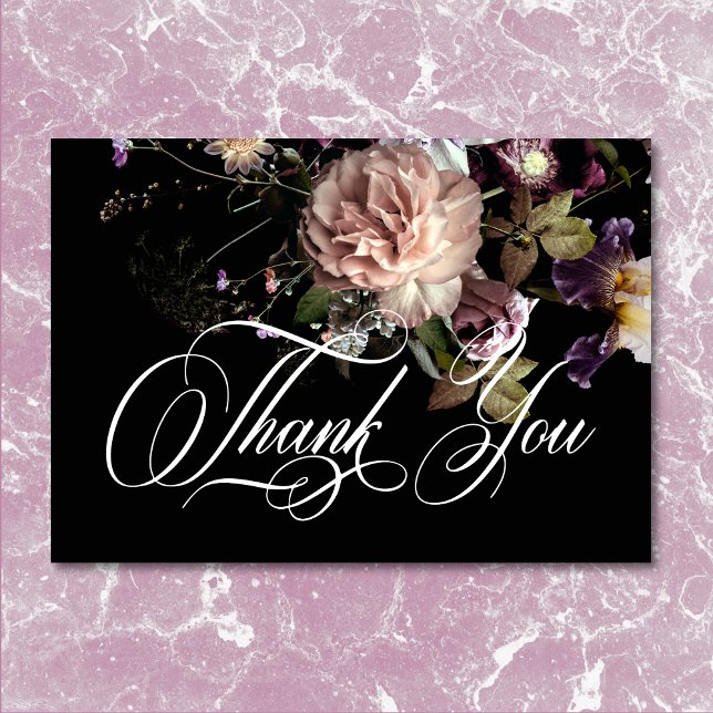 Mörk Moody Pastel Opulent Blommigt Black Bröllop Tack Kort (Dark Moody Pastel Opulent Floral Black Wedding Thank You)
