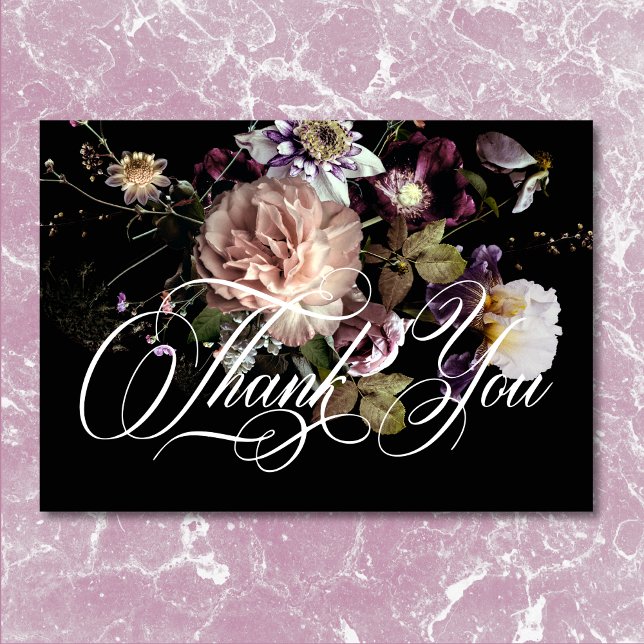 Mörk Moody Pastel Opulent Blommigt Black Bröllop Tack Kort (Dark Moody Pastel Opulent Floral Black Wedding Thank You)