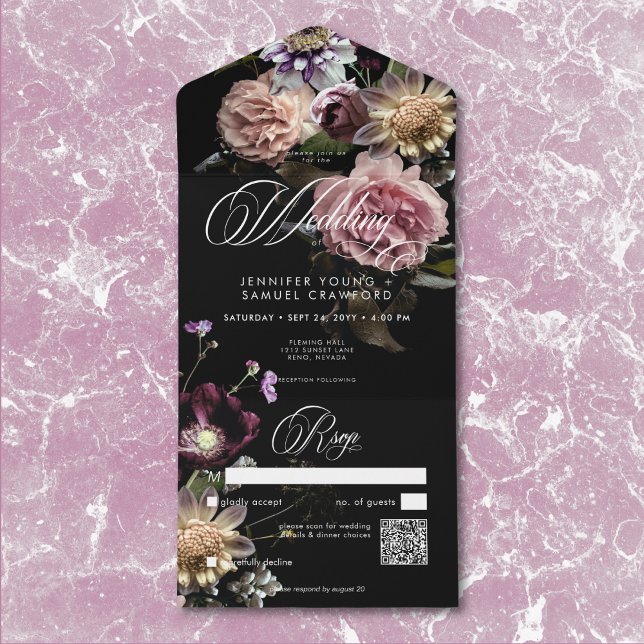 Mörk Moody Pastel Opulent Blommigt Black QR-kod (Dark Moody Pastel Opulent Black Floral Details All In One Invitation)